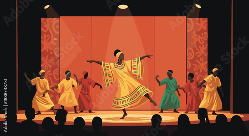 Black History Month dance performance in modern flat vector style honoring African diaspora culture and artistic heritage