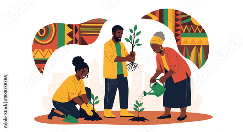 Black History Month community garden scene planting tree in modern flat vector style honoring resilience, growth, and Black environmental leadership