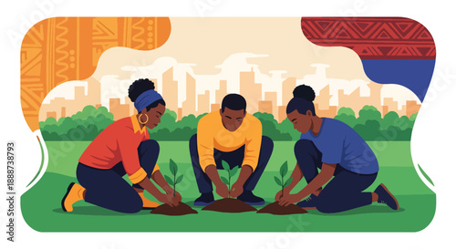 Black History Month community garden scene planting tree in modern flat vector style honoring resilience, growth, and Black environmental leadership