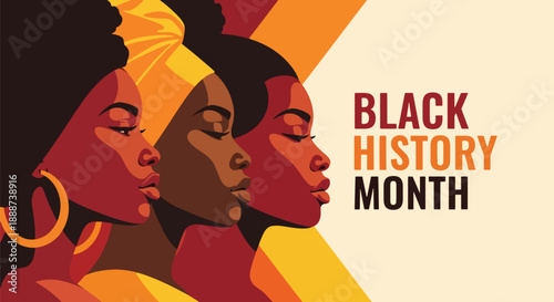 Black History Month poster featuring three Black profiles standing in unity, modern flat vector style honoring African heritage, cultural pride, and collective identity