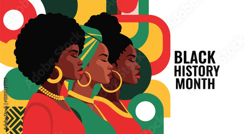 Black History Month poster featuring three Black profiles standing in unity, modern flat vector style honoring African heritage, cultural pride, and collective identity