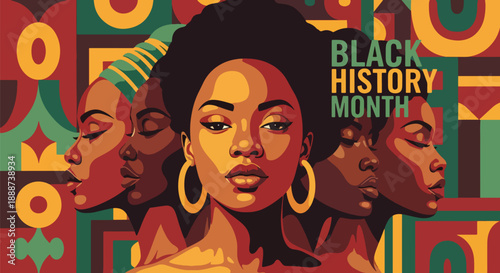 Black History Month poster featuring three Black profiles standing in unity, modern flat vector style honoring African heritage, cultural pride, and collective identity