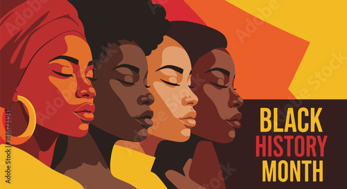 Black History Month poster featuring three Black profiles standing in unity, modern flat vector style honoring African heritage, cultural pride, and collective identity