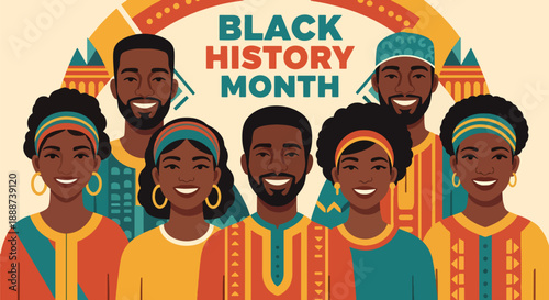 Black History Month poster featuring diverse Black people smiling together, modern flat vector celebrating unity, culture, heritage, and shared identity