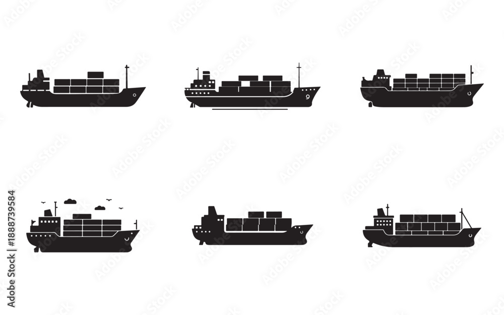 Fototapeta premium Collection of cargo ships in simple line art style