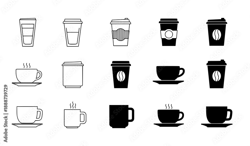 Obraz premium Coffee cup symbols set with line and silhouette styles vector illustration