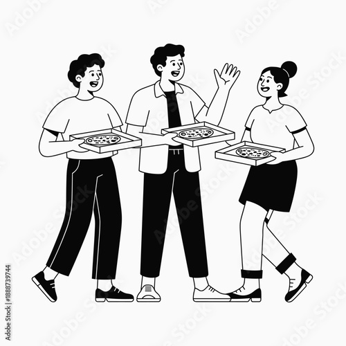 Friends Enjoying Pizza Together Casual Social Gathering Black and White Line Art Vector Illustration