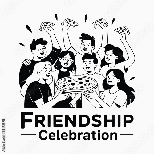 Friendship Celebration with Group of Friends Enjoying Pizza Together Black and White Line Art Vector Illustration