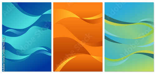 A collection of three distinctive abstract graphic designs featuring flowing, wave-like curves, presented in three primary colors: deep blue, warm golden orange, and refreshing turquoise green.