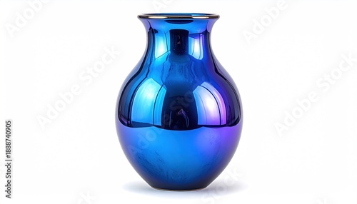 Iridescent blue glass vase with a gold rim against a white backdrop