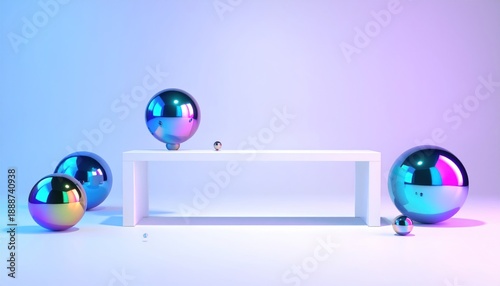 Shiny orbs and a modern white bench against a gradient backdrop, neon hues