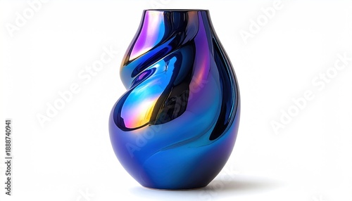 Glossy, iridescent glass sculpture vase with a twisted, organic form against white