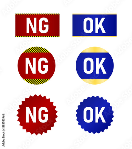 ダークブラック（黒）とサニーカナリアイエロー（黄色）の警戒ストライプ入りスカーレットレッドと輝くゴールドライン入りロイヤルブルーで描かれた、長方形・正円・ギザギザ多角形および波型雲形の「OK」「NG」正誤判定バッジセット