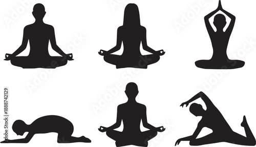 Silhouette of yoga poses in calm minimalist style representing meditation, balance, flexibility, and wellness. Black isolated human figure ideal for fitness, mindfulness, and healthy lifestyle designs