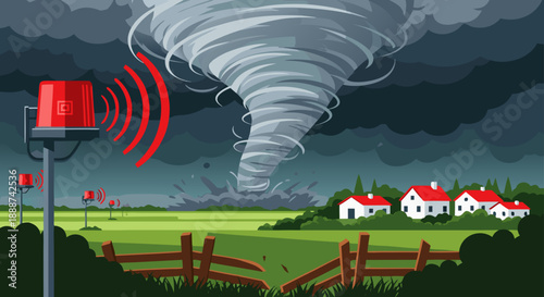 Vector illustration of a tornado with a warning siren alerting a rural neighborhood