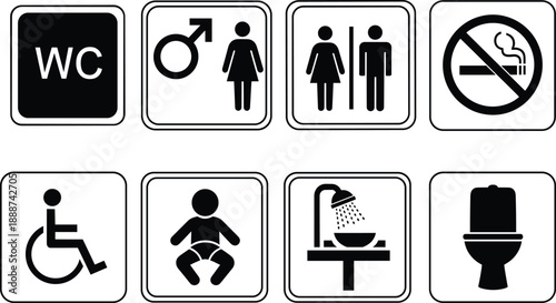 Public restroom and toilet sign icons set including male female wc disabled baby changing no smoking and shower symbols isolated vector illustration