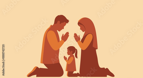 Family kneeling together in prayer, a serene silhouette of unity and devotion in a simple graphic illustration