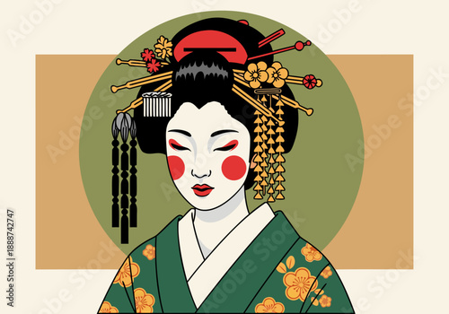 Vector illustration of a beautiful geisha with traditional Japanese makeup and attire