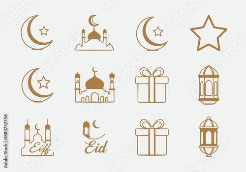 Islamic Eid celebration elements including mosques, crescent moons, stars, and gift boxes depicted in minimalist illustrations via imagefx_kunhu8