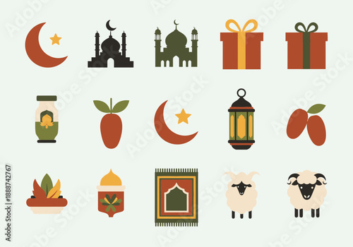 Eid al-Adha Islamic celebration icons featuring mosque, gift, sheep, crescent, lantern