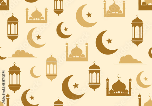 Islamic Pattern Featuring Lanterns, Mosques, and Crescent Moons in a Seamless Design via ImageFX