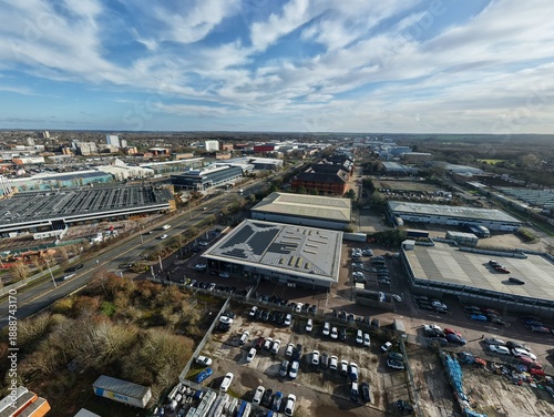 Obraz na plátně Aerial drone view of the major industrial business district in Stevenage UK featuring pharmaceutical labs and aerospace manufacturing facilities day