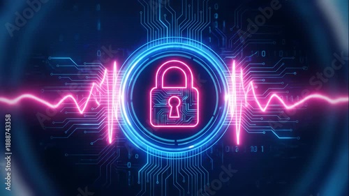Wallpaper Mural Neon cyber lock symbol glowing neon lock icon on digital circuit background representing cyber security encryption secure access and data privacy in modern digital systems. Torontodigital.ca
