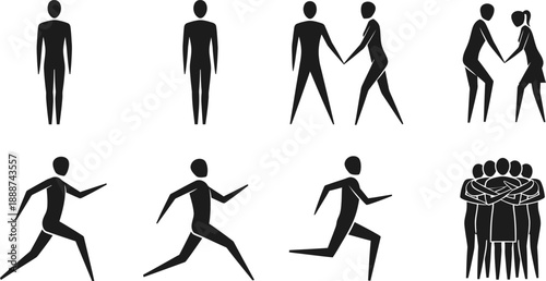 Black Silhouette People Running, Standing, Holding Hands on White Background