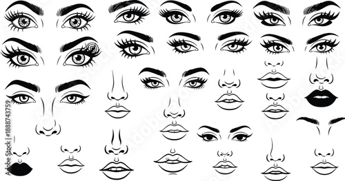 Facial Features Illustrations Eyes and Lips on White Background
