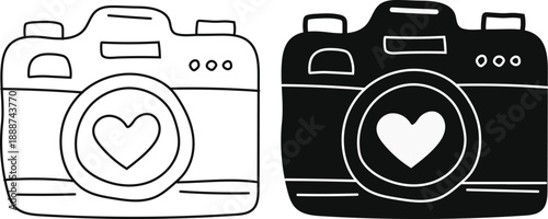 Photo camera with lens vector set. Collection of hand drawn line and fill photo camera icon set for photographers work, packaging, prints, menus, and digital designs. isolated on white background