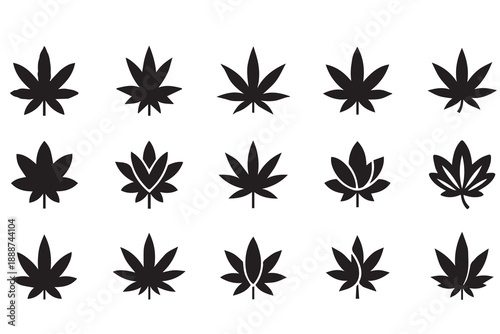 Cannabis Leaf Silhouette Icon Set: Black Vector Marijuana, Hemp, and Medical CBD Symbols