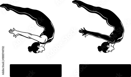 Minimalist black and white vector illustration of a female gymnast performing a back bend floor exercise on a balance beam.
