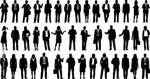 Large collection of professional business people silhouettes, diverse men and women in suits standing, isolated on white background vector illustration.