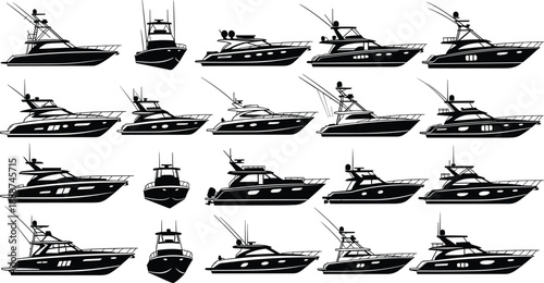 Motor yacht silhouettes, sport fishing boats, black and white icons, nautical vessels, marine transport, vector set, isolated, flat vector illustration