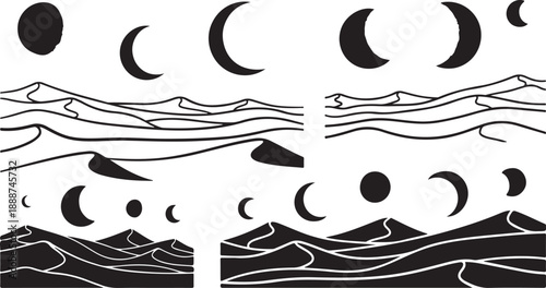 Phases of the Moon Over Mountains Landscape Illustration Art