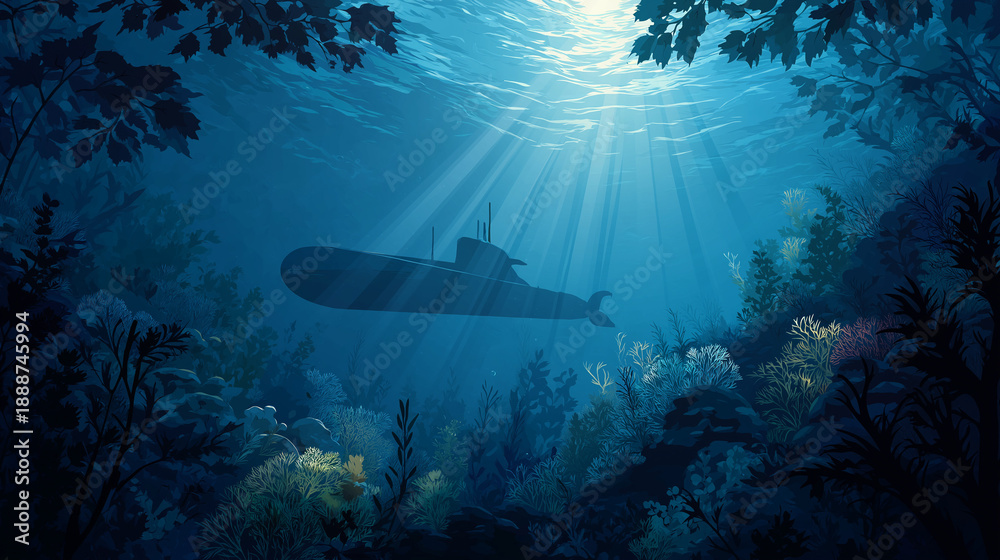 Obraz premium Silent Hunter: A submarine glides stealthily through the deep ocean waters, its silhouette framed by the sun's rays filtering through the surface.