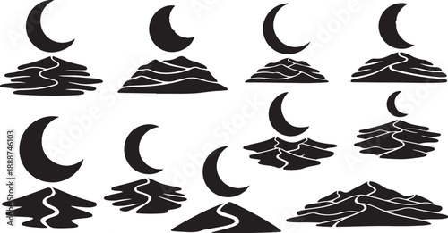 Black Silhouette Moon Phases Over Mountain Ranges Landscape Vector