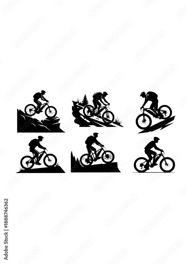 Obraz premium Fat Tire Electric Bike E-Bike Silhouette, Mountain Biking Adventure, Sustainable Outdoor Exploration and Future Travel Vector