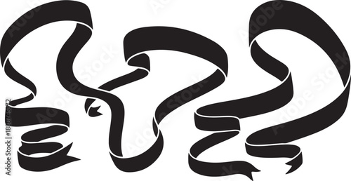 Black ribbons flowing in abstract motion on white background