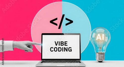 Laptop displaying 'Vibe Coding' with light bulb and colorful background  