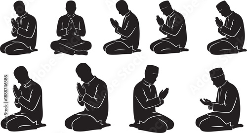Silhouette of Muslim men praying in various positions illustration