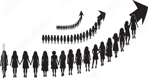 Silhouettes of people following an upward trending arrow path