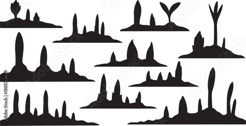 Collection of various black rock formations and silhouettes landscape