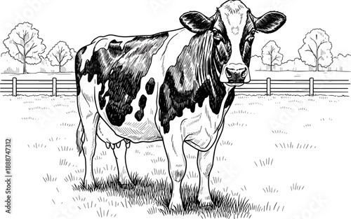 Dairy cow in pasture sketch illustration, Holstein cattle standing on farm field, rural countryside landscape drawing, livestock animal, agriculture engraving