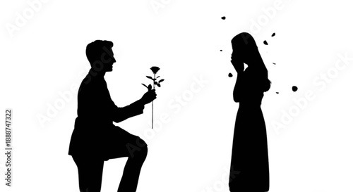 Romantic silhouette of a man proposing with a rose to an emotional woman