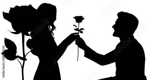 A romantic silhouette of a man proposing to a woman with a single rose, symbolizing eternal love