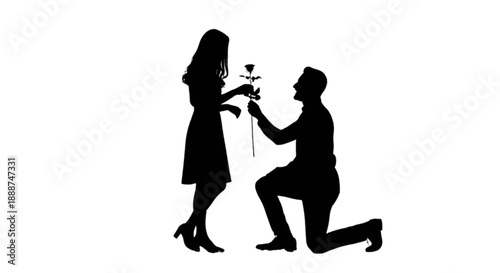 A man proposes to his beloved woman with a rose, symbolizing romance and commitment