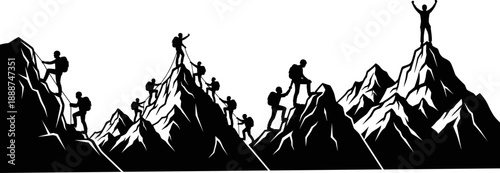 Black silhouette vector of mountain climbers ascending peaks, representing teamwork, achievement, and outdoor adventure for sports and motivational design projects
