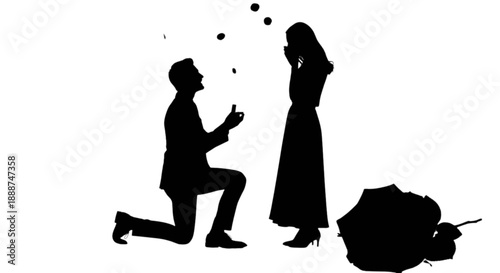Romantic silhouette of a man proposing to a woman with an umbrella nearby