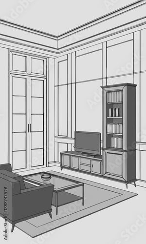 Living Room Interior Design Sketch with Furniture.